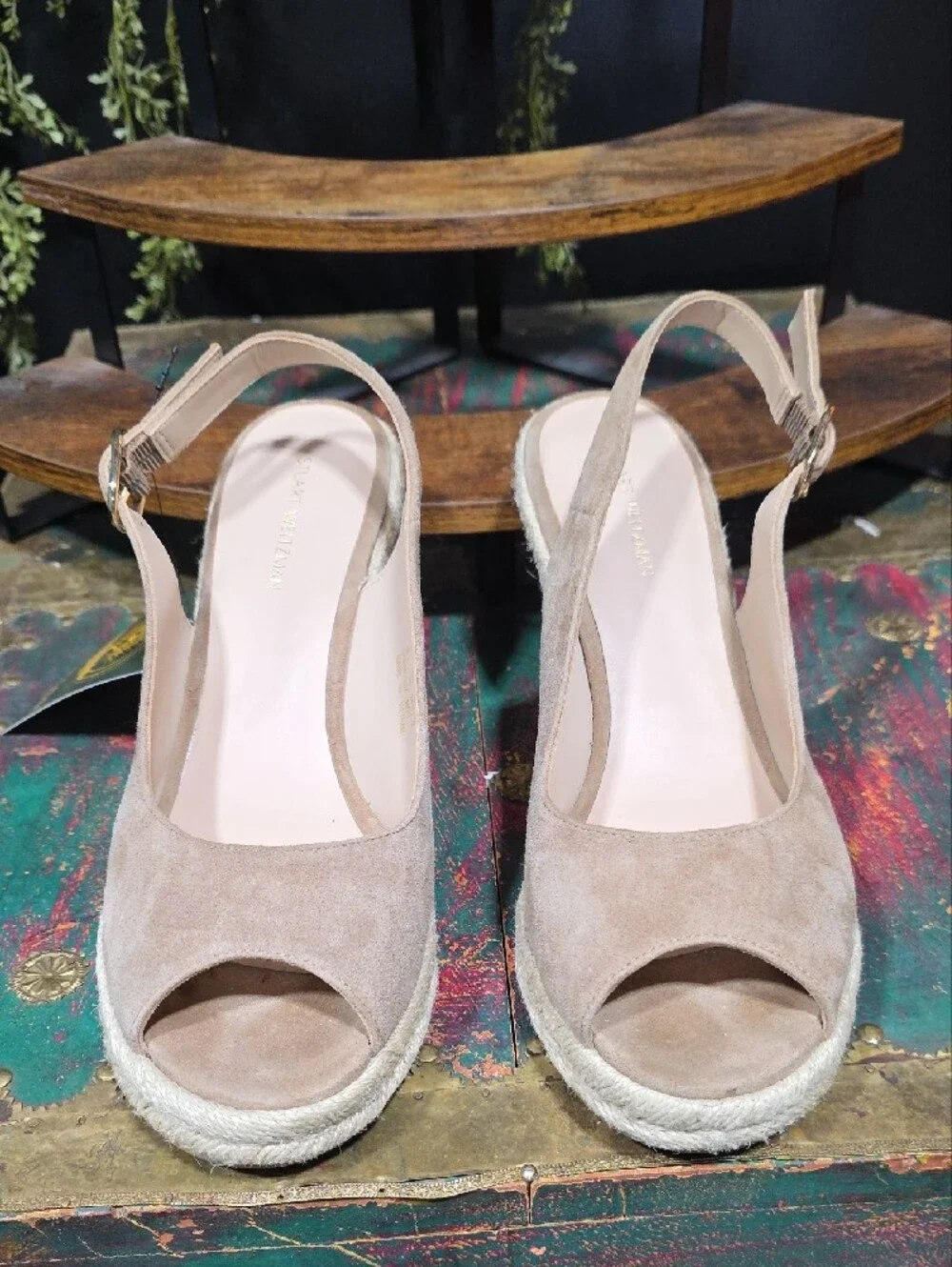 Stuart Weitzman Taupe Suede Espadrille Wedge Slingbacks